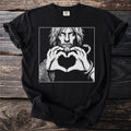 Black t-shirt with a white graphic of a man with a snake and chain making a heart.