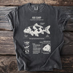 T-shirt with scientific illustration of a Koi Carp, showing barbels, fin, and body length.
