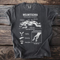 Dark grey t-shirt with Welwitschia mirabilis diagram, showing strap leaves, seed cones, and seedling.