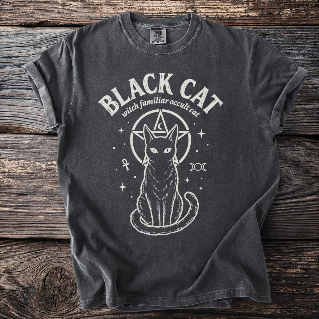 Black cat with pentagram and celestial symbols t-shirt.