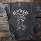 Black cat with pentagram and celestial symbols t-shirt.