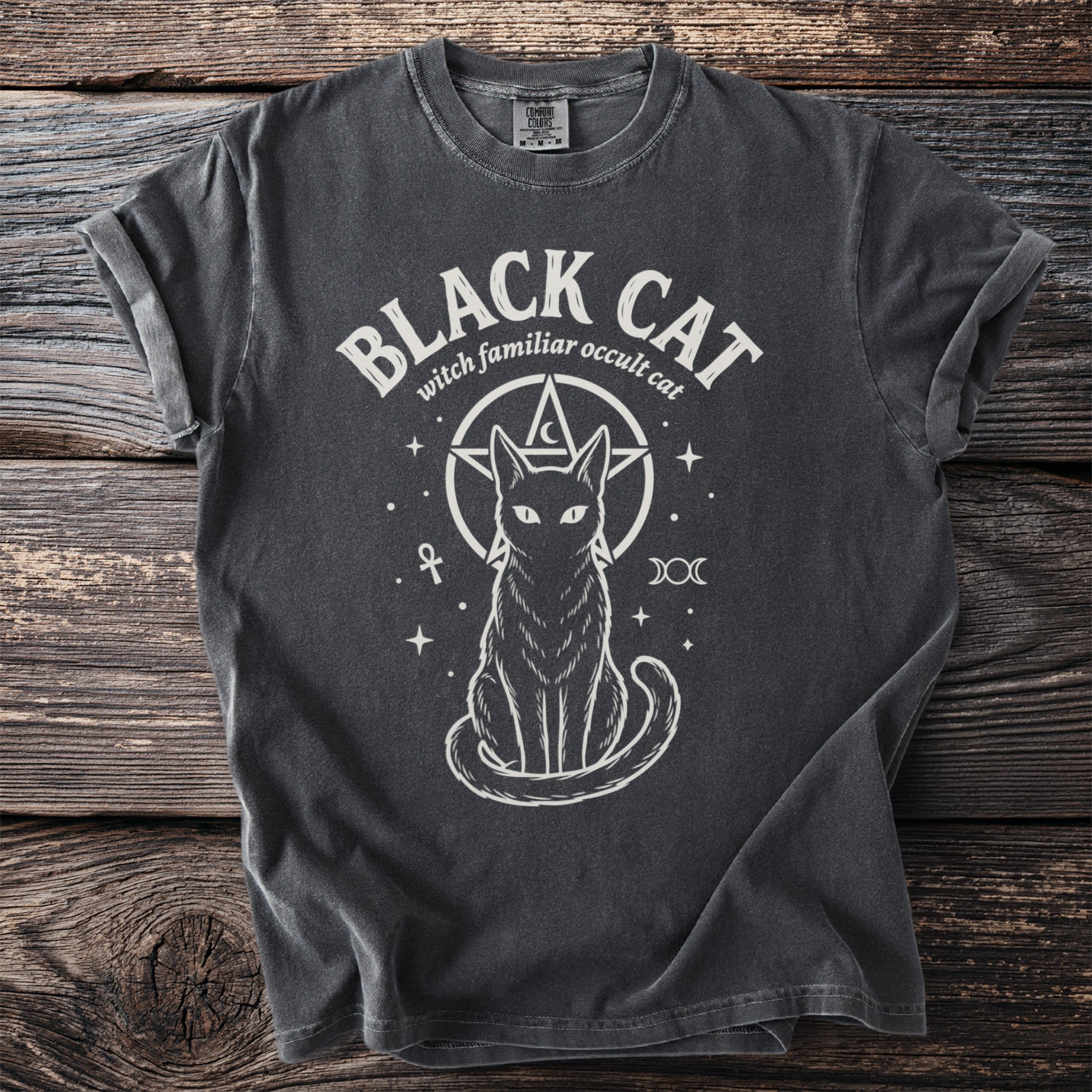 Black cat with pentagram and celestial symbols t-shirt.