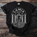 Black t-shirt with Lamia Greek Serpent Woman Myth graphic and Comfort Colors tag.