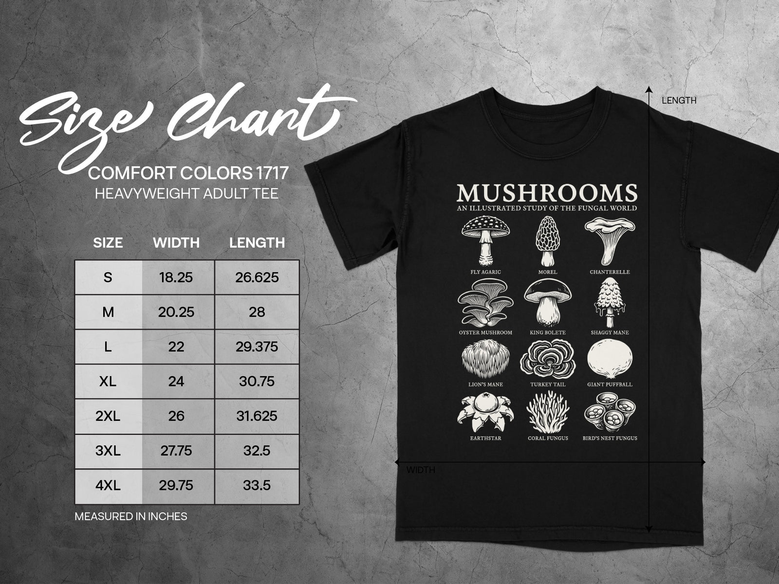 Comfort Colors 1717 size chart for heavyweight adult tees with mushroom illustrations.