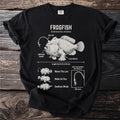 Black t-shirt with Frogfish illustration and facts: lure rod, upturned mouth, length, habit, and feeding.