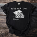 Black t-shirt with "JUST RENTING" and a hermit crab labeled "Fig. 1: Borrowed Property."