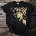 Black t-shirt with a close-up graphic of a leopard's face.