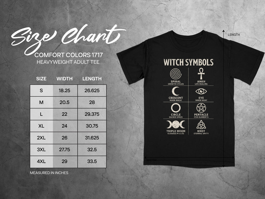 Comfort Colors size chart for heavyweight adult tee with witch symbols.