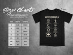 Comfort Colors size chart for heavyweight adult tee with witch symbols.