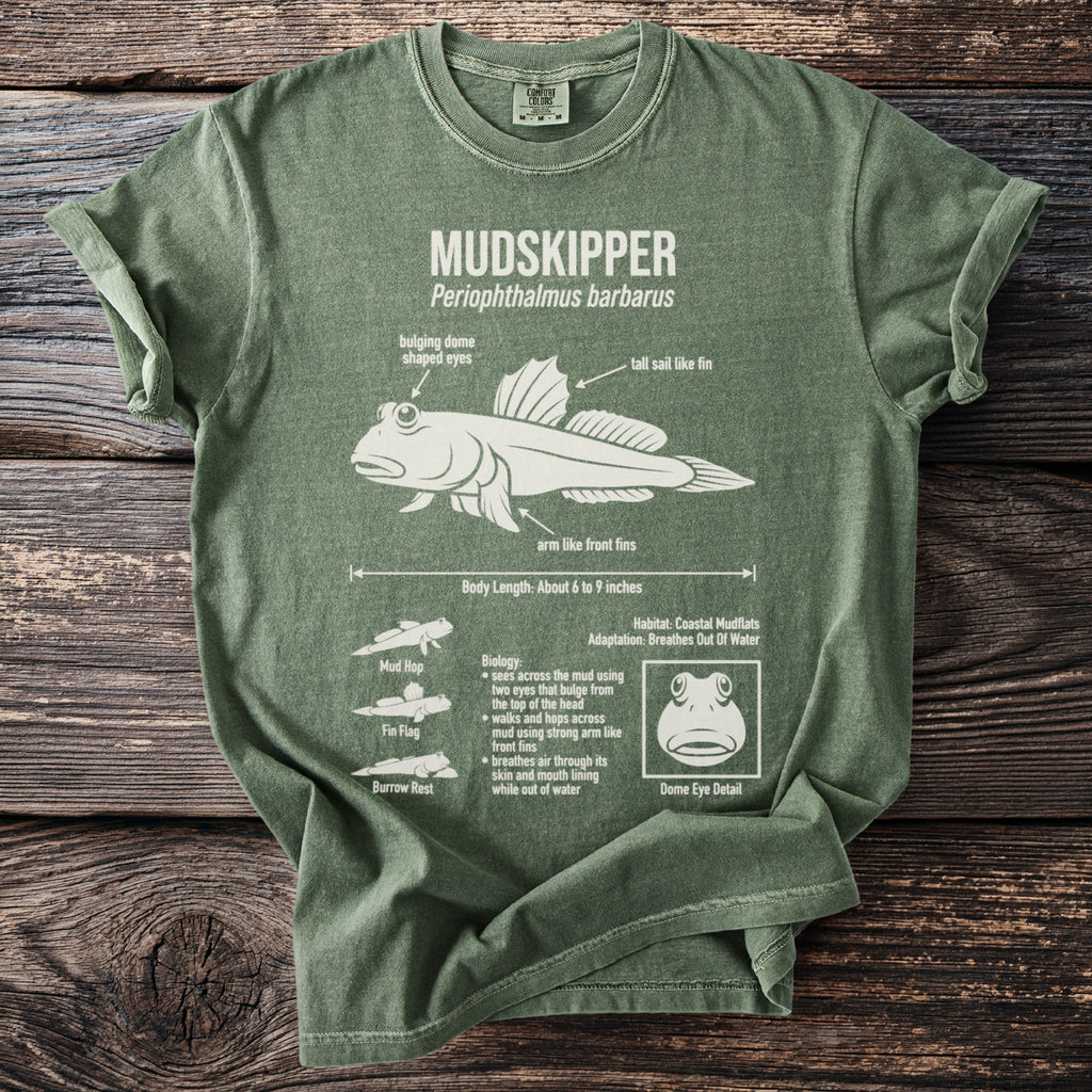 Green t-shirt with Mudskipper anatomy diagram and facts.