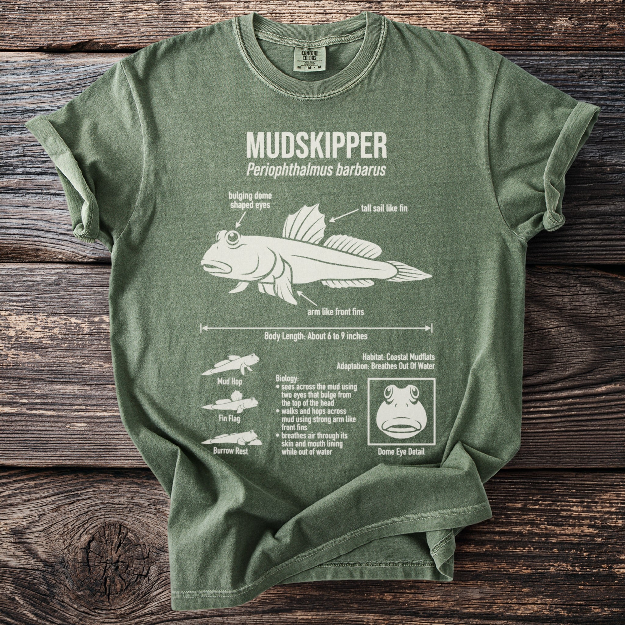 Green t-shirt with Mudskipper anatomy diagram and facts.