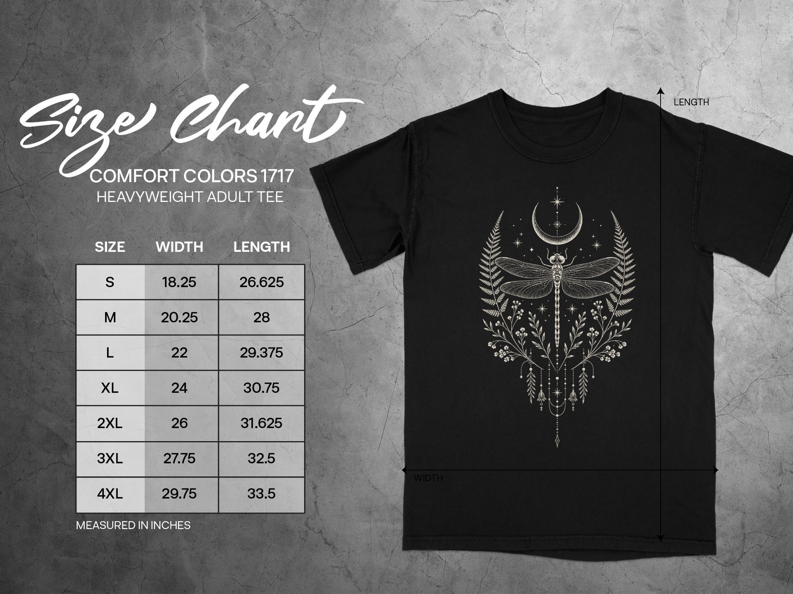 Comfort Colors 1717 heavyweight adult tee size chart with dragonfly graphic.