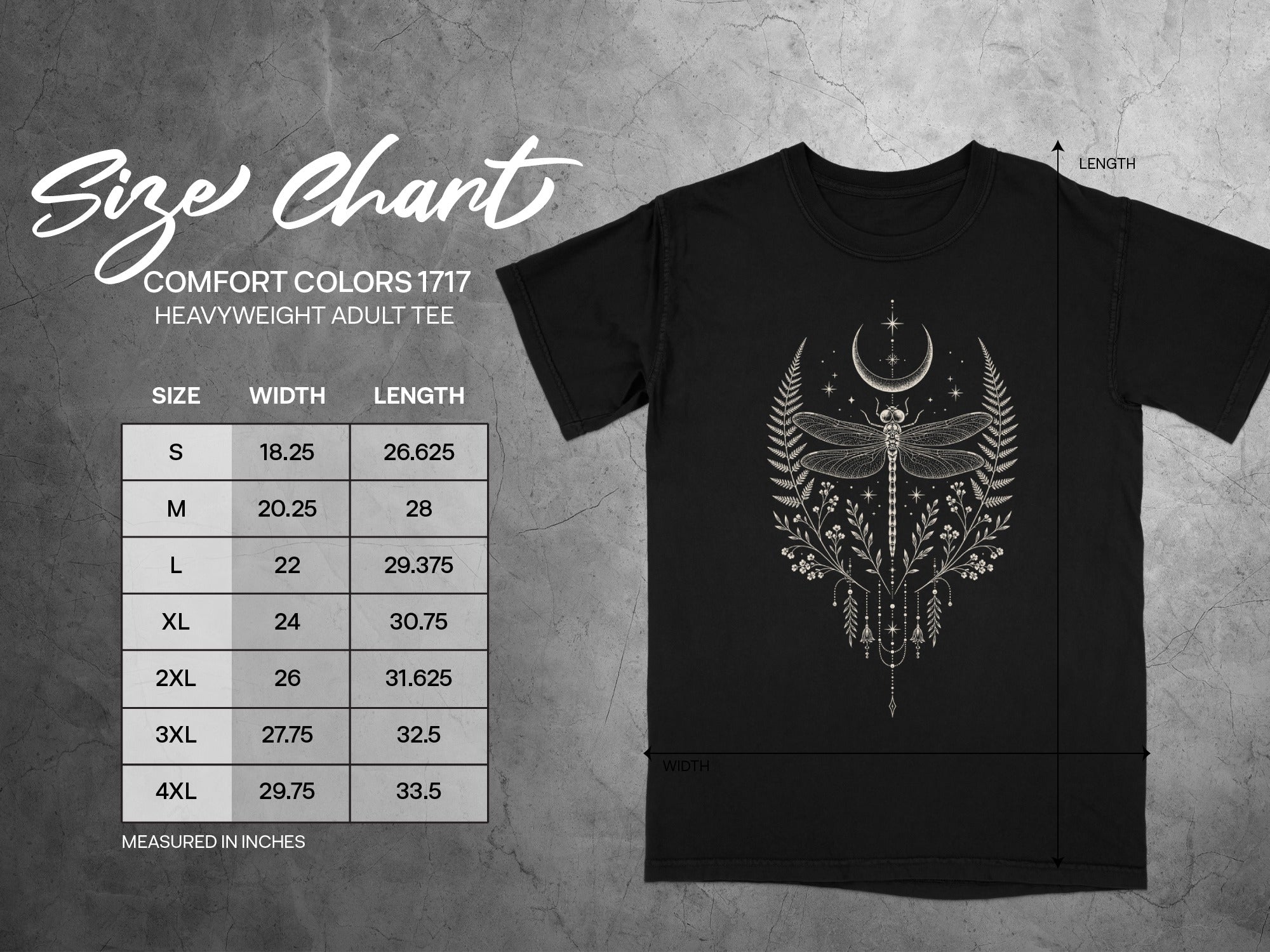 Comfort Colors 1717 heavyweight adult tee size chart with dragonfly graphic.