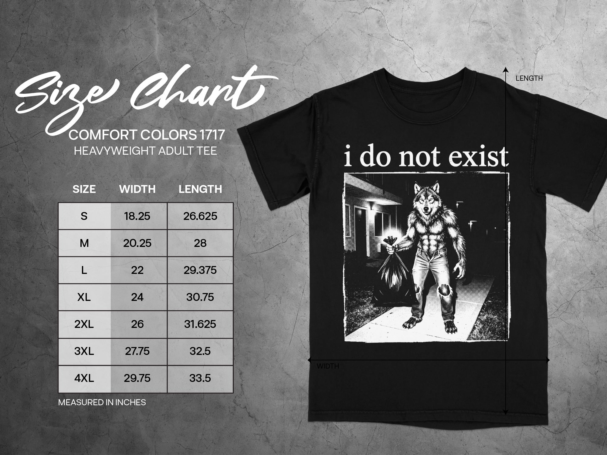 Size chart with measurements for Comfort Colors 1717 heavyweight adult tee.