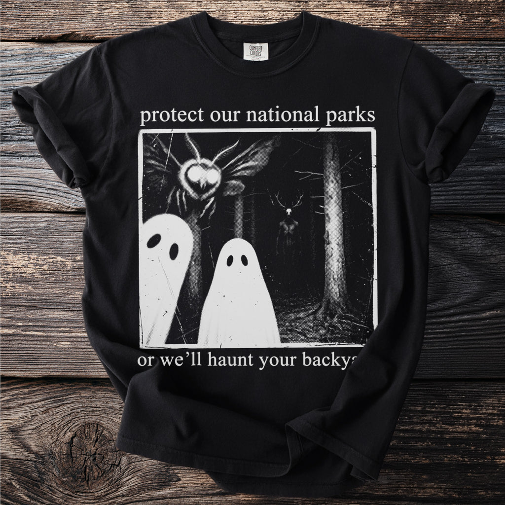 Black t-shirt with "protect our national parks" and spooky forest scene.