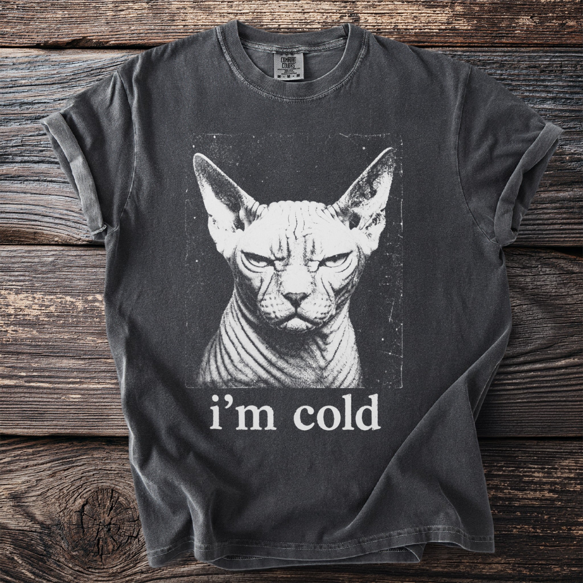 Dark t-shirt with a white graphic of a stern Sphynx cat and the text "i'm cold".