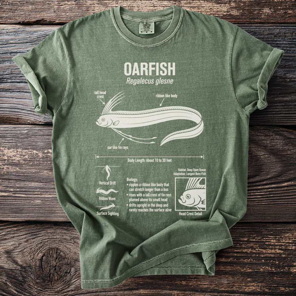Green t-shirt with OARFISH scientific illustration and biology facts.