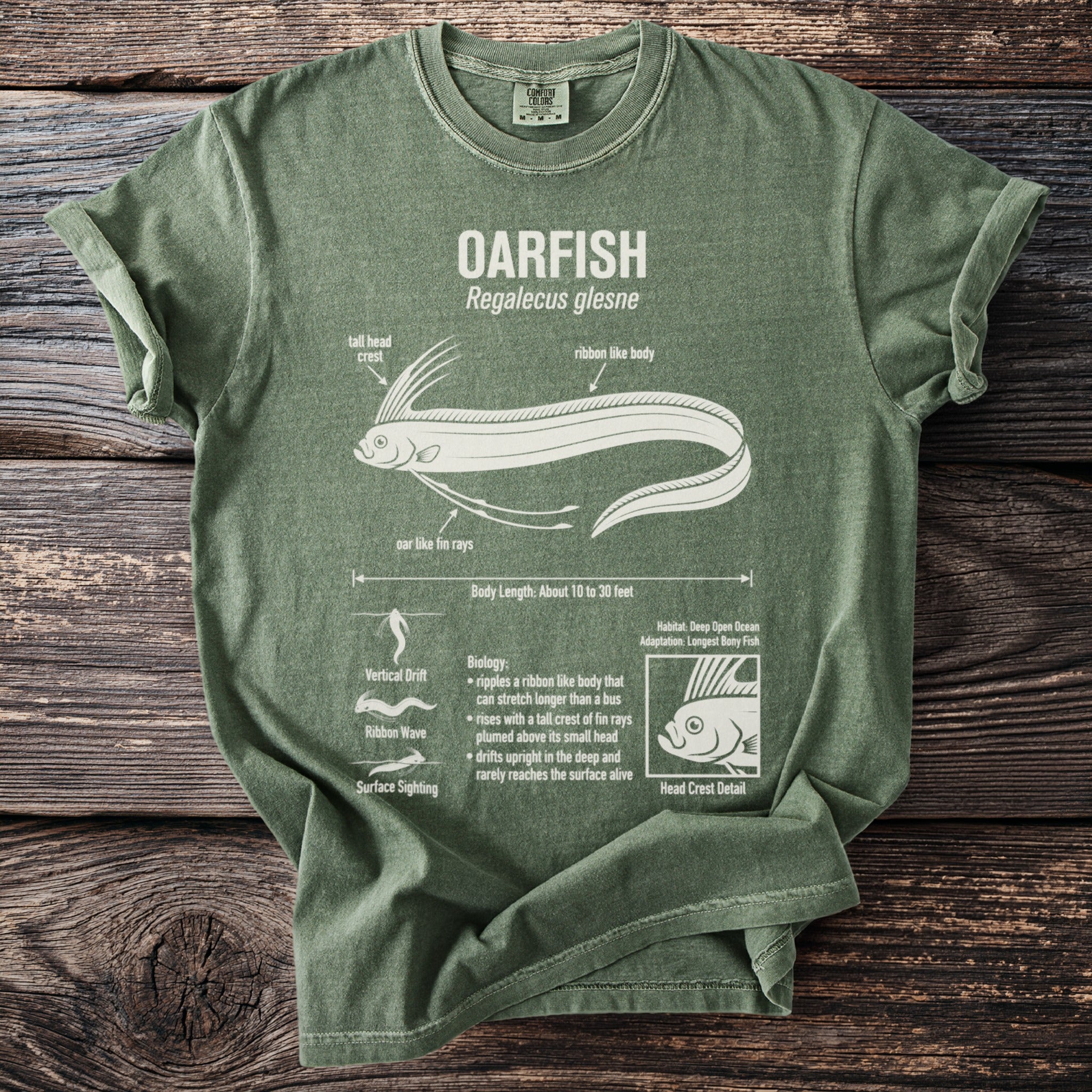 Green t-shirt with OARFISH scientific illustration and biology facts.