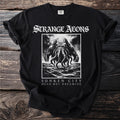 Black t-shirt with "Strange Aeons" and a creature with tentacles from the sea.