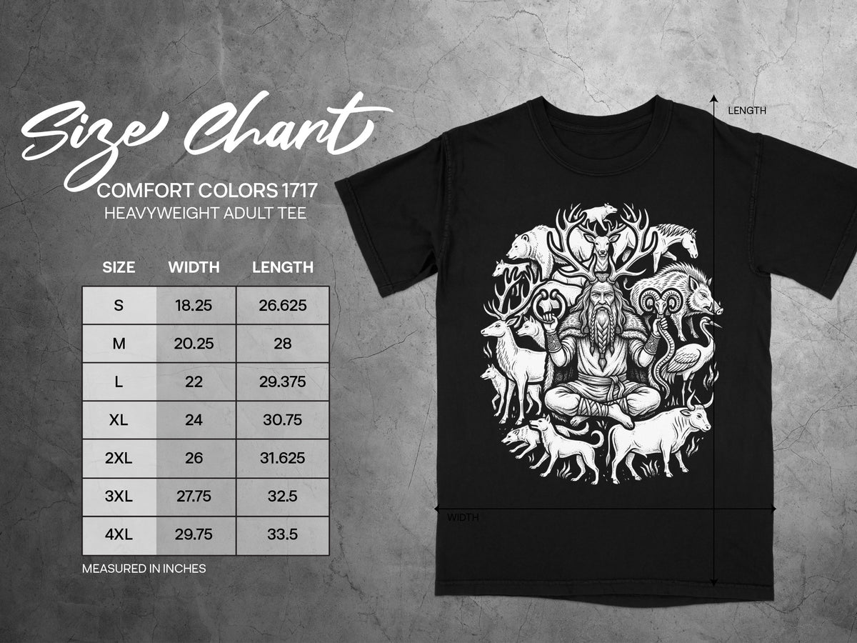 Size chart for Comfort Colors 1717 heavyweight adult tee with measurements.