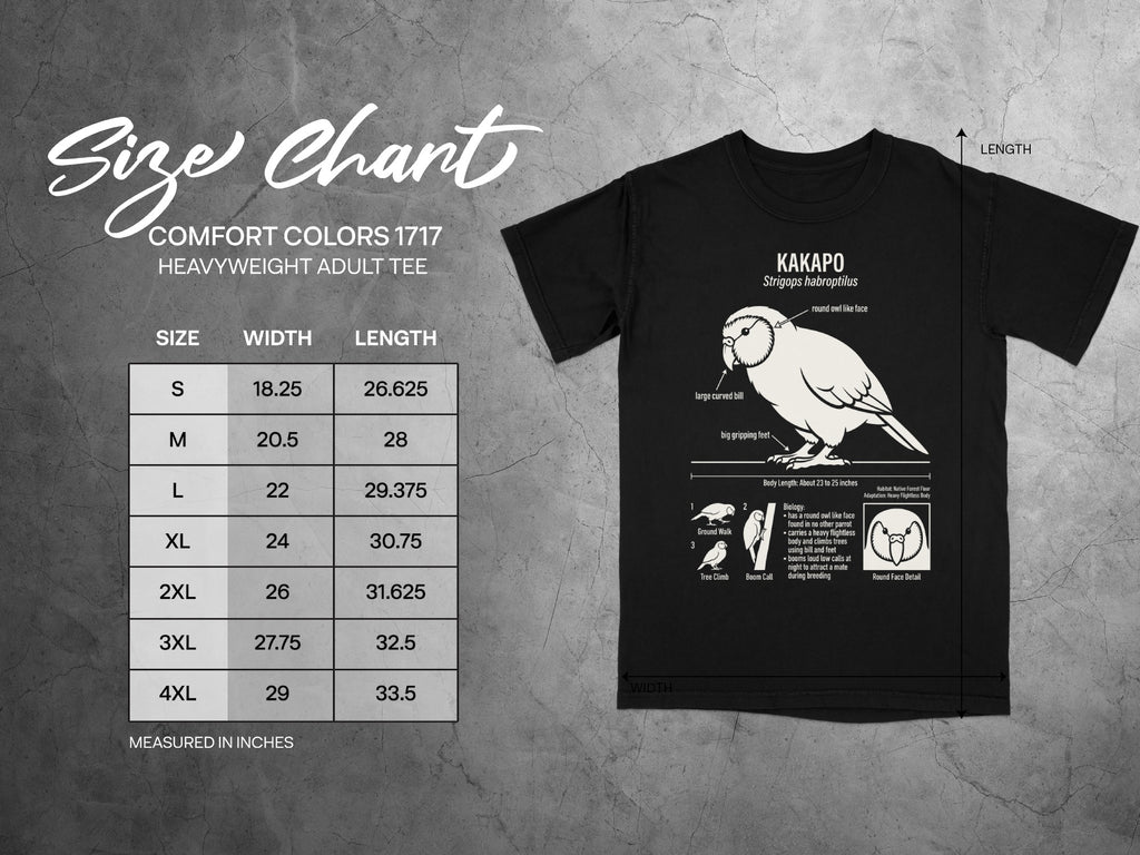 Kakapo t-shirt with size chart and bird illustration, measured in inches.