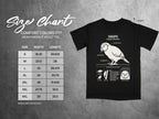 Kakapo t-shirt with size chart and bird illustration, measured in inches.