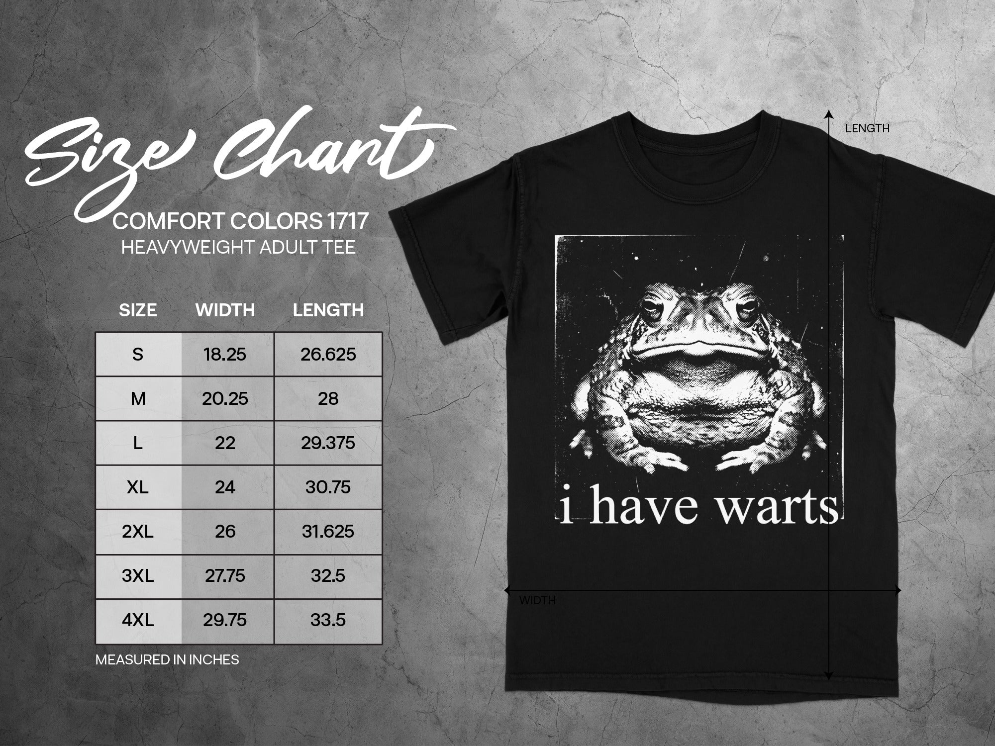 Black t-shirt with frog graphic and text "i have warts", with size chart on left.