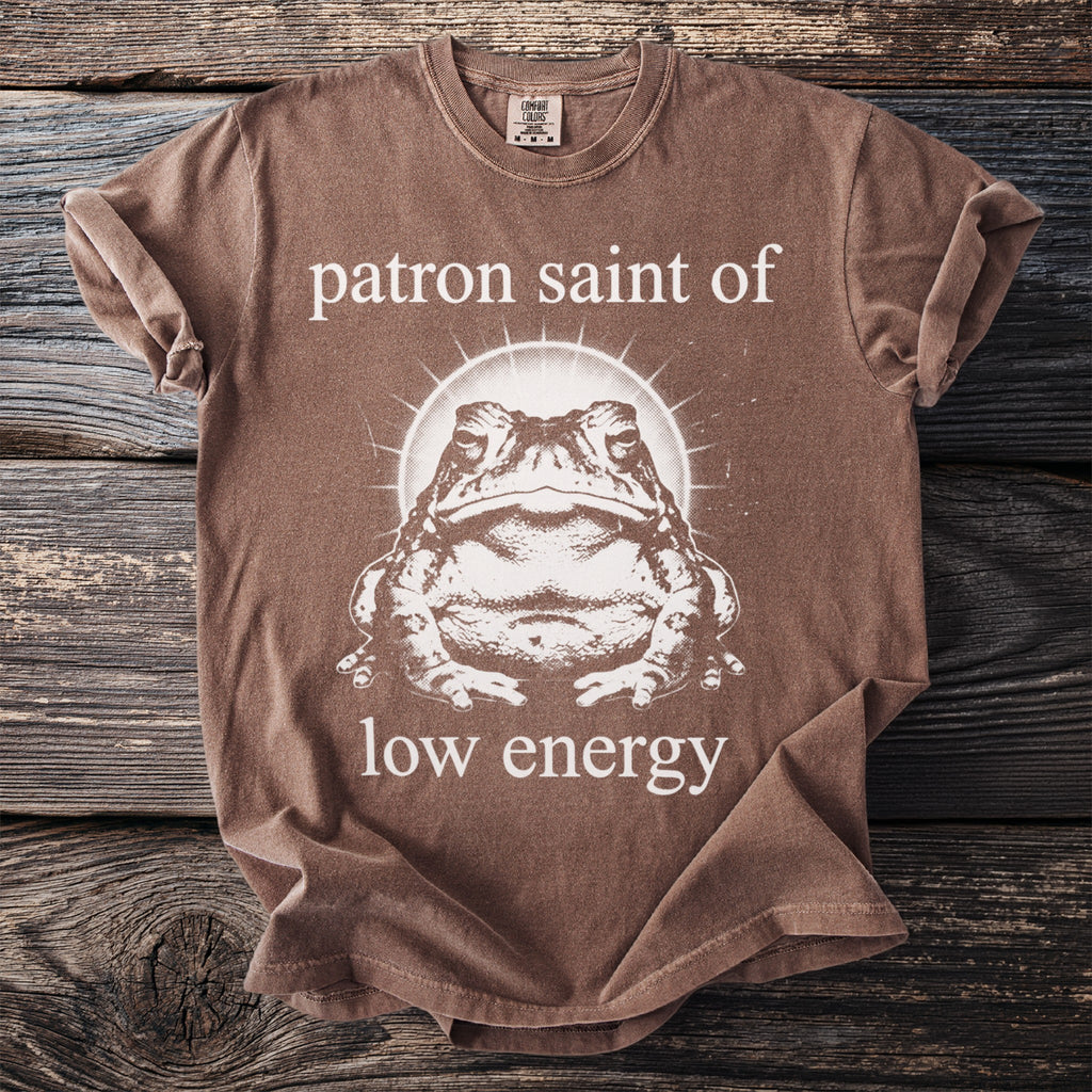 Brown t-shirt with a toad graphic and text reading "patron saint of low energy".