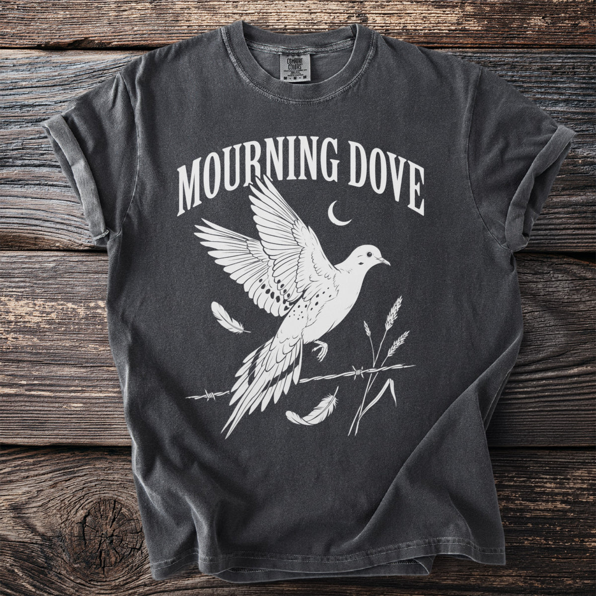 Mourning Dove graphic t-shirt with bird, moon, feathers, and wheat design.