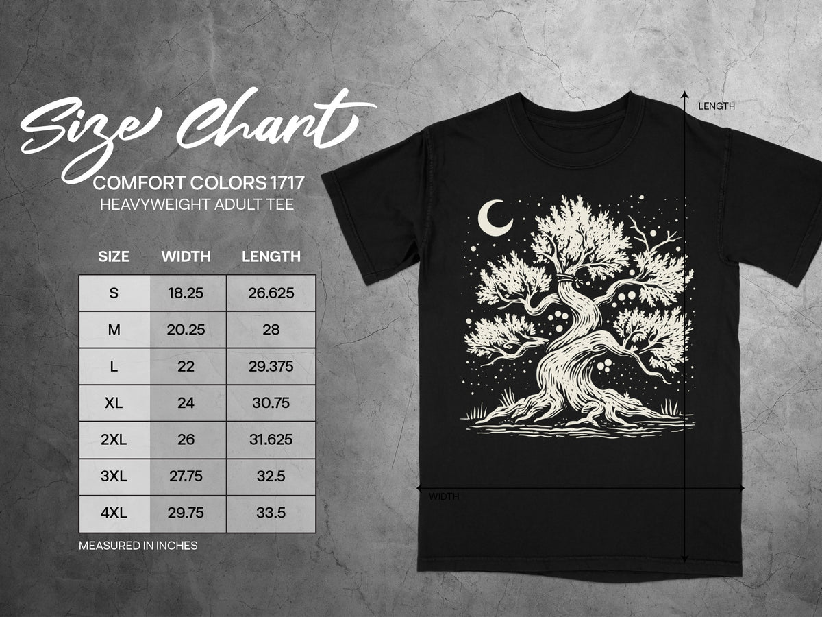 Comfort Colors 1717 heavyweight adult tee size chart with width and length measurements.