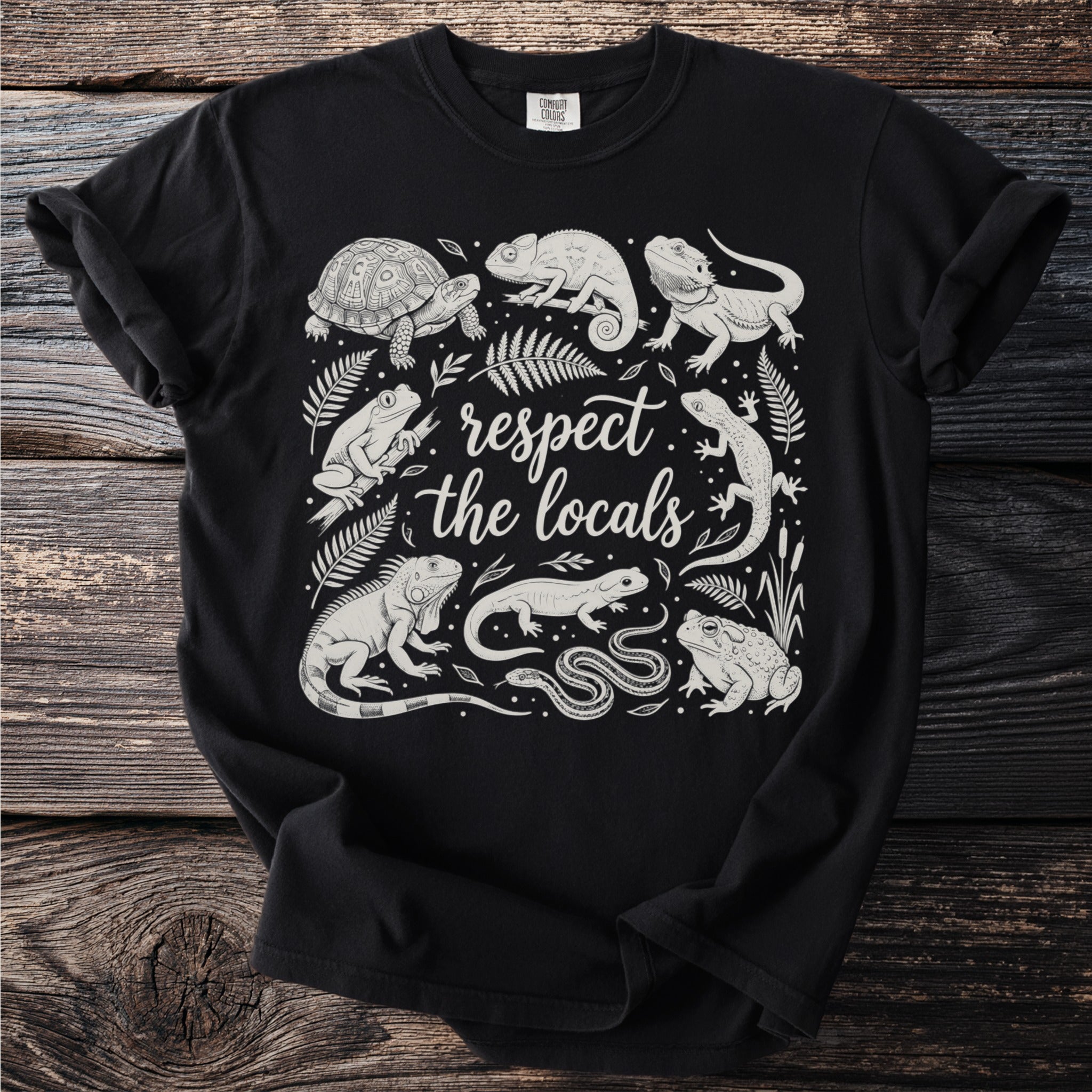 Reptiles and amphibians surrounding text that reads "respect the locals".