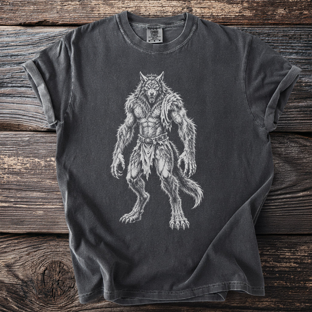 Werewolf graphic print on charcoal grey comfort colors t-shirt.