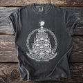 Dark grey t-shirt with white graphic of a skeleton tree, skulls, candles, and "DARK TIDINGS".