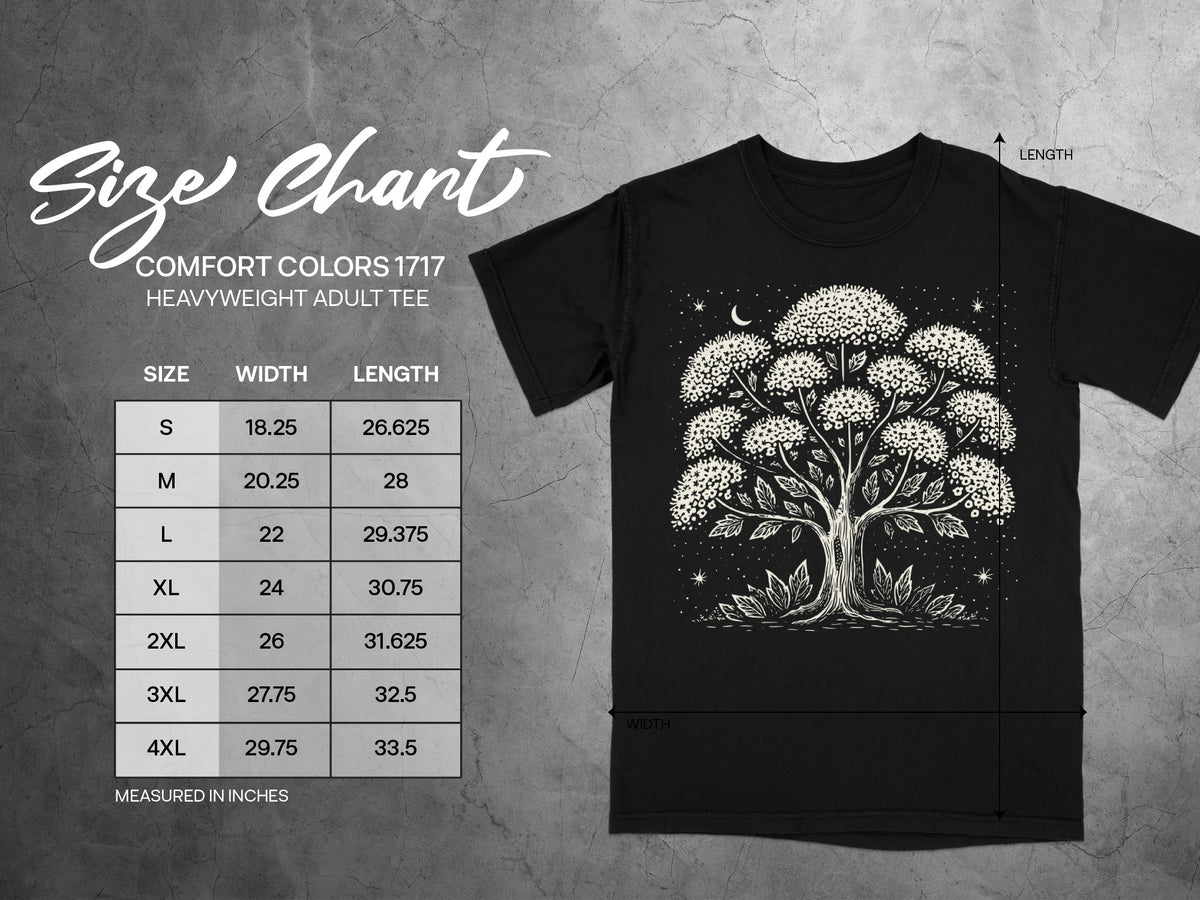 Comfort Colors 1717 heavyweight adult tee size chart with width and length measurements.