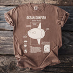 Brown t-shirt with diagram of ocean sunfish and its biology details.