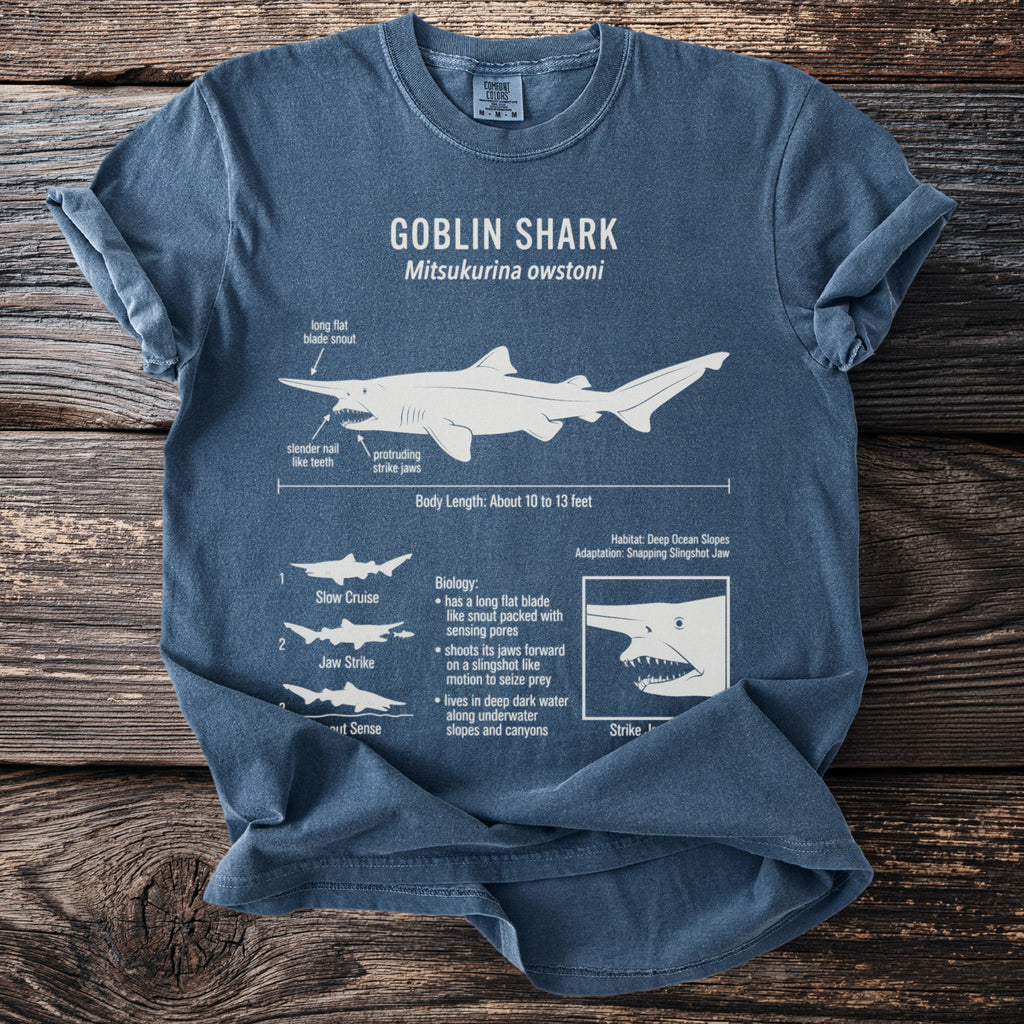 Goblin Shark t-shirt with scientific illustration and descriptive text.