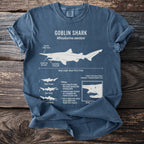 Goblin Shark t-shirt with scientific illustration and descriptive text.