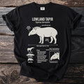 Black t-shirt with white graphic of a Lowland Tapir and its biology facts.