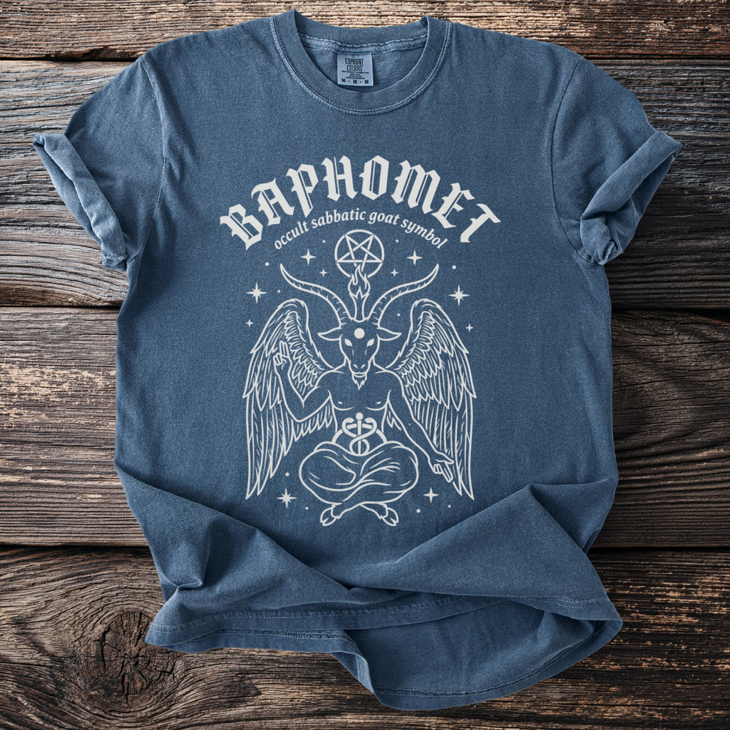 Blue t-shirt with white graphic of Baphomet, occult sabbatic goat symbol.