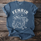 Blue t-shirt with Fenrir Norse mythology giant wolf graphic and chains.