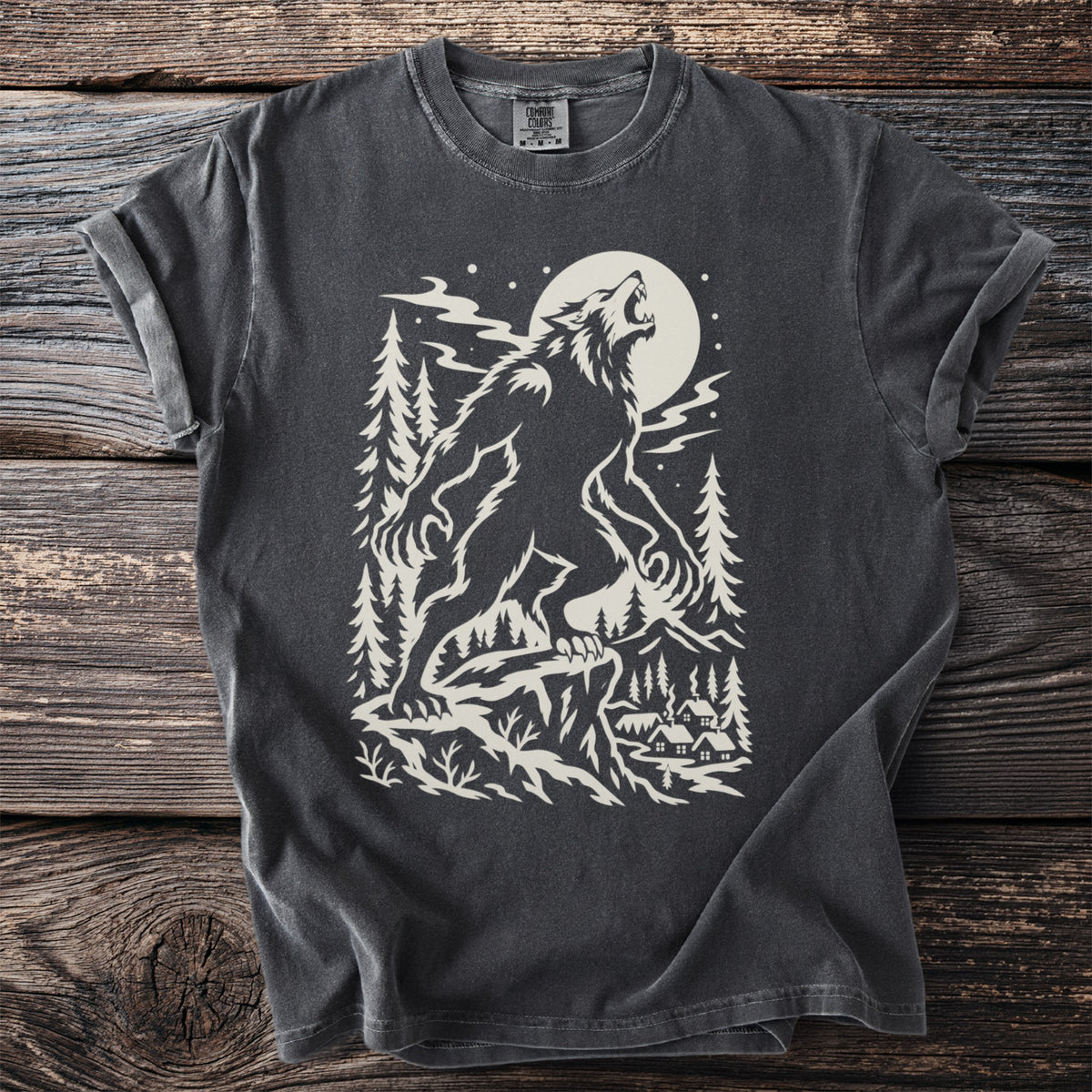 Werewolf howling at the moon with forest and village below.