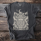 Dark grey t-shirt with Viking-inspired graphic of a doorway, wolves, and raven.