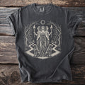 T-shirt with a dark gray vintage wash featuring a monochromatic print of three goddesses, dogs, and a forest.