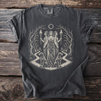 T-shirt with a dark gray vintage wash featuring a monochromatic print of three goddesses, dogs, and a forest.
