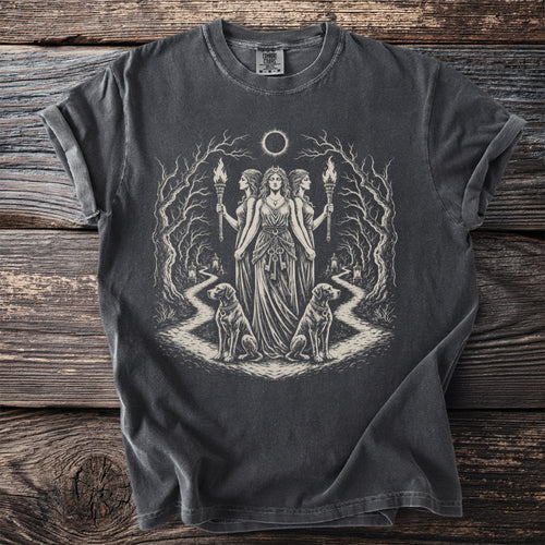 T-shirt with a dark gray vintage wash featuring a monochromatic print of three goddesses, dogs, and a forest.