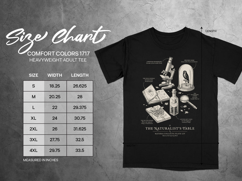 Black t-shirt with "The Naturalist's Table" illustration and Comfort Colors size chart.