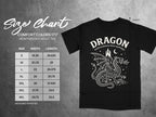 Black t-shirt with dragon graphic, size chart showing width and length measurements in inches.
