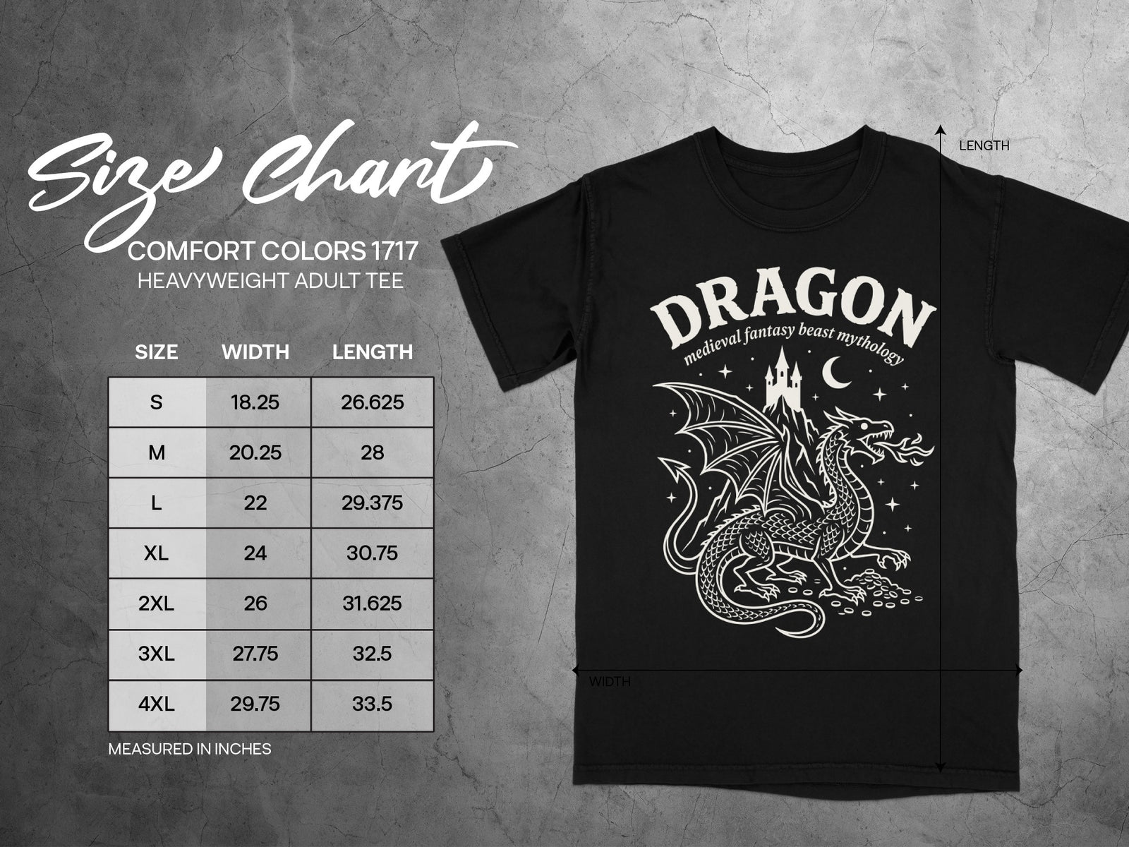 Black t-shirt with dragon graphic, size chart showing width and length measurements in inches.