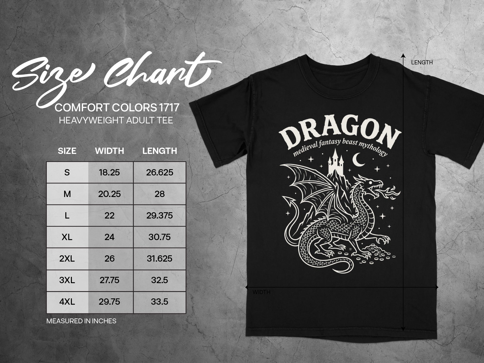 Black t-shirt with dragon graphic, size chart showing width and length measurements in inches.
