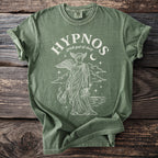 Green t-shirt with Hypnos Greek God of Sleep graphic featuring winged figure and moon.